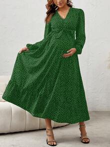 Maternity Polka Dot Print Lantern Sleeve Belted Dress - Multicolor - View 7