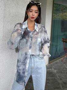 DAZY Tie Dye Drop Shoulder Shirt - Dusty Blue - View 4