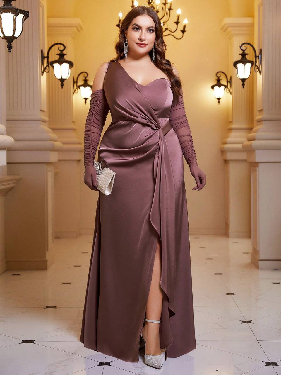 Plus Asymmetrical Neck Twist Front Split Thigh Satin Formal Dress