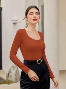 Mulvari Chất rắn Cổ Trái tim Áo thun - Màu nâu  Mocha - Xem 3