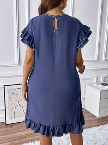 Celure Plus Solid Ruffle Trim Dress - Blue - View 2