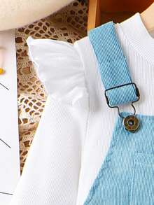 SHEIN Young Girl Ruffle Trim Tee & Letter Patched Overall Dress - White - View 6