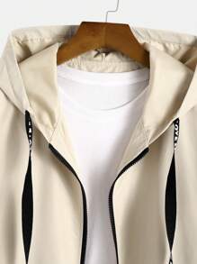 Manfinity Homme 男士寬鬆款字母圖案拉鍊閉合帶束帽風衣（不含襯衫） - 杏色 - 查看 6