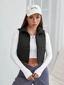 SHEIN PETITE Zip Up Crop Vest Padded Coat In Fall/Winter - Black - View 6