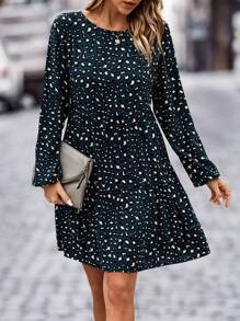 SHEIN LUNE Dalmatian Print Lantern Sleeve Ruffle Hem Smock Dress - Dark Green - View 3
