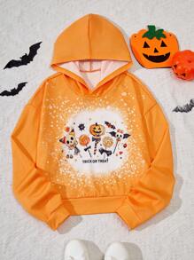 SHEIN Tween Girls Halloween Print Hooded Crop Sweatshirt - Orange - View 1