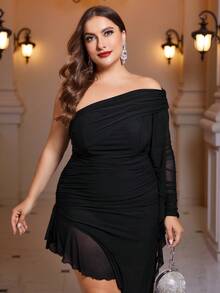 SHEIN Belle 大碼單肩荷葉邊不對稱下擺洋裝 - 黑色 - 查看 6