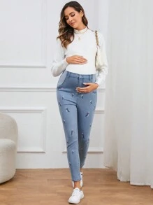 SHEIN 孕婦高腰花卉刺繡緊身牛仔褲 - 淺色水洗藍 - 查看 6