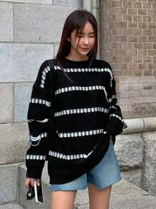 DAZY Striped Pattern Drop Shoulder Sweater,Fall Women Clothes - Black and White - View 3