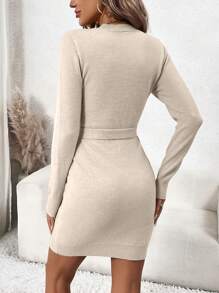 SHEIN Clasi 素色腰帶緊身毛衣洋裝 - 杏色 - 查看 2