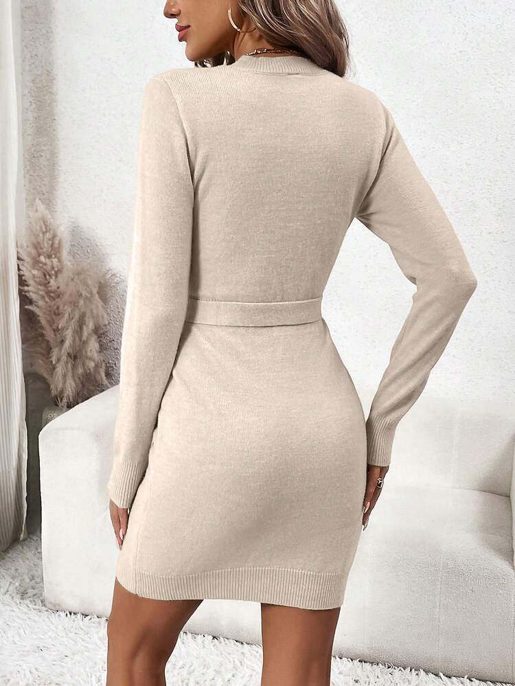 Solid Belted Bodycon Sweater Dress