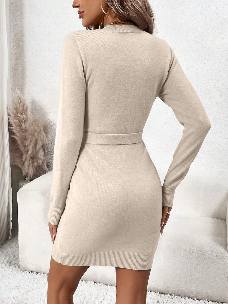 Solid Belted Bodycon Sweater Dress
