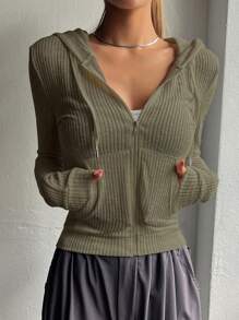 DAZY Dây kéo Dây rút áo có mũ Áo len crop - xanh quân đội - Xem 5