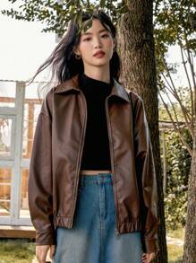 DAZY Zip Up Drop Shoulder PU Leather Jacket,Fall Women Clothes - Coffee Brown - View 6