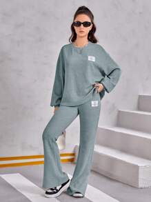 Teen Girl Letter Patched Drop Shoulder Tee & Pants - Baby Blue - View 1