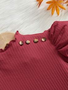 SHEIN 女大童小高領紐扣細節羊腿袖木耳邊T恤 - 乾枯玫瑰色 - 查看 3