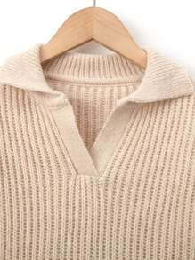 SHEIN Tween Girls Ribbed Knit Drop Shoulder Sweater - Khaki - View 4