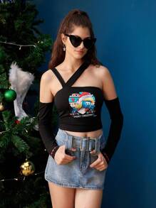 SHEIN X The Smurfs Cartoon & Letter Graphic Asymmetrical Neck Crop Tee - Black - View 3