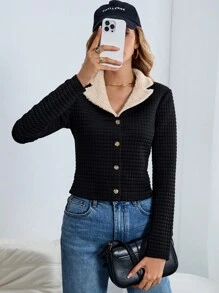 SHEIN Essnce Nút cổ áo tương phản Teddy phía trước - Nhiều màu - Xem 3