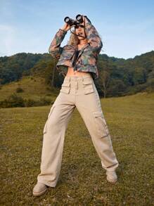 In My Nature Cazadora con estampado con bolsillo con solapa con cremallera - Verde militar - Ver 5