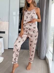 Conjunto de pijama / Pijama de satén con estampado de mariposa - Rosa Pálido - Ver 5