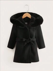 Young Girl Fuzzy Hooded Belted Overcoat - Black - View 1
