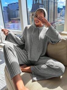 Drop Shoulder Drawstring Hooded Lounge Set - Grey - View 3