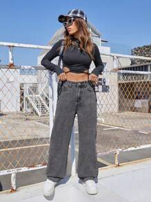 SHEIN EZwear 高腰闊腿牛仔褲