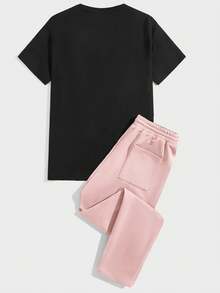 GENTILAND Nam Đồ họa Chữ cái Áo thun & Eo dây rút Quần - Hồng - Xem 2