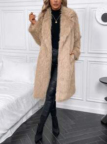 SHEIN Clasi Lapel Neck Open Front Fuzzy Coat - Khaki - View 4