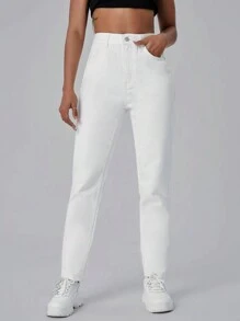 SHEIN EZwear Quần jean nữ Nút Túi Dây kéo màu trơn - trắng - Xem 4