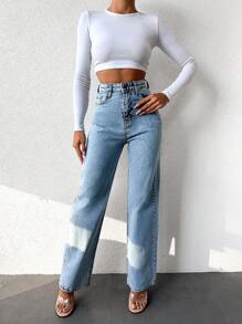 SHEIN Cottnline High Waist Straight Leg Jeans - Light Wash - View 1