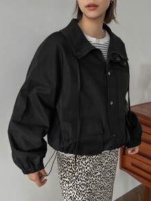 FRIFUL 插肩袖抽繩下擺抽繩下擺拉鍊按扣連帽夾克 - 黑色 - 查看 5