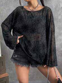 SHEIN EZwear 蜘蛛網印花落肩袖網紗上衣不附胸罩 - 黑色 - 查看 4