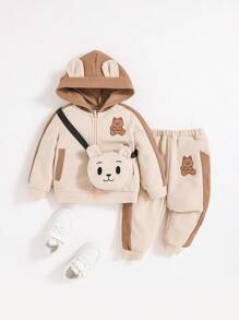 SHEIN 男嬰小熊印花3D耳朵設計連帽衫和運動褲&包 - 杏色 - 查看 3