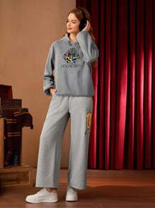 HARRY POTTER X SHEIN Chi tiết thêu Thả vai Dây rút Hoodie - Xám - Xem 5