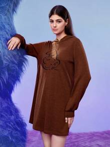 SHEIN X The Smurfs Embroidery Cartoon Pattern Hooded Nightdress - Coffee Brown - View 6