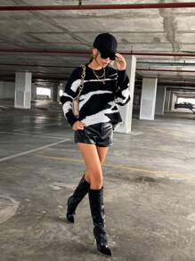 SHEIN Essnce Graphic Pattern Drop Shoulder Sweater - Black and White - View 4