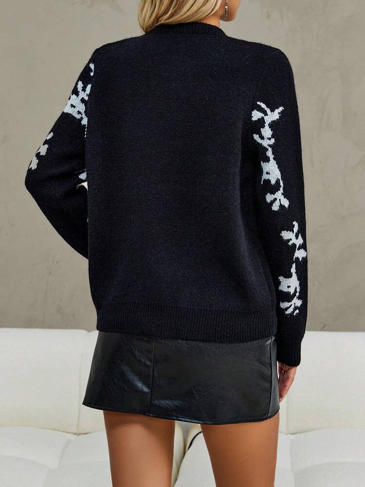Floral Pattern Drop Shoulder Knit Pullover Fall Winter Sweater