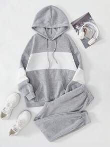 SHEIN Essnce Khối màu Dây rút Áo Hoodie & Quần thể thao - Nhiều màu - Xem 1
