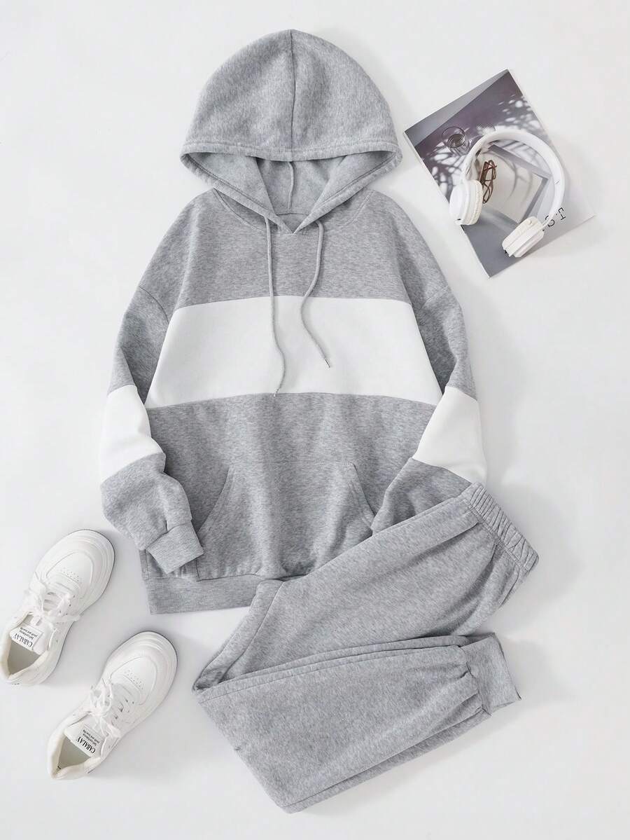SHEIN Essnce Khối màu Dây rút Áo Hoodie & Quần thể thao - Nhiều màu - Xem 1