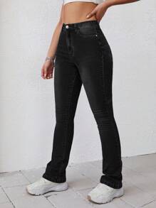 SHEIN EZwear Chất rắn Quần ống loe - màu đen - Xem 4