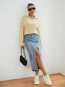 SHEIN Essnce Half Zip Drop Shoulder Teddy Sweatshirt - Khaki - View 1