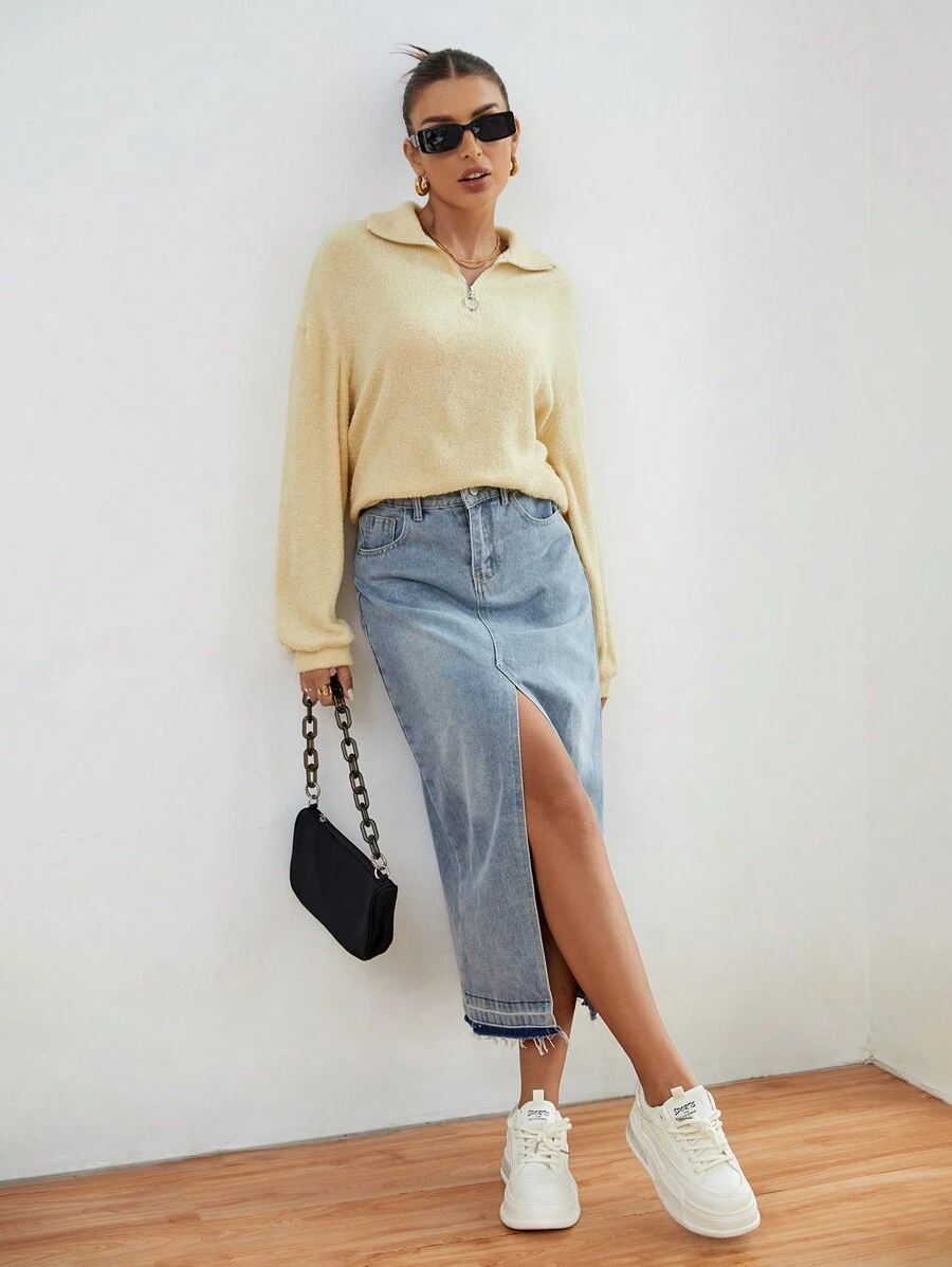 SHEIN Essnce Half Zip Drop Shoulder Teddy Sweatshirt - Khaki - View 1