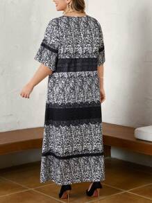 SHEIN Unity Hơn In hoa Ditsy Cổ v Đầm - Đen và trắng - Xem 5