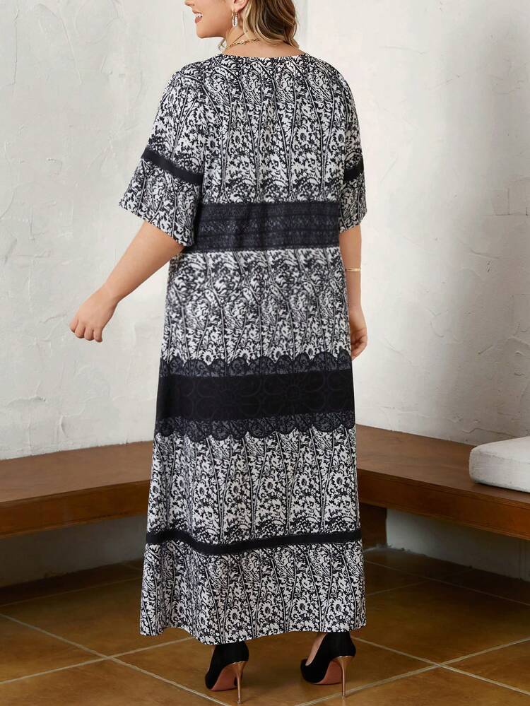 Plus Ditsy Floral Print V Neck Dress