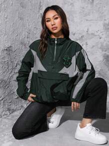 HARRY POTTER X SHEIN 圖案補丁貼撞色半拉鏈落肩袖夾克 - 彩色 - 查看 1