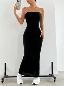 SHEIN EZwear Split Thigh Tube Dress - Black - View 5