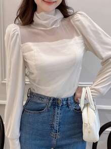 DAZY Top de cuello alto de malla unicolor - Albaricoque - Ver 2