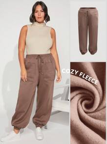 SHEIN BASICS Plus Cozy Fleece Drawstring Waist Pocket Patched Sweatpants